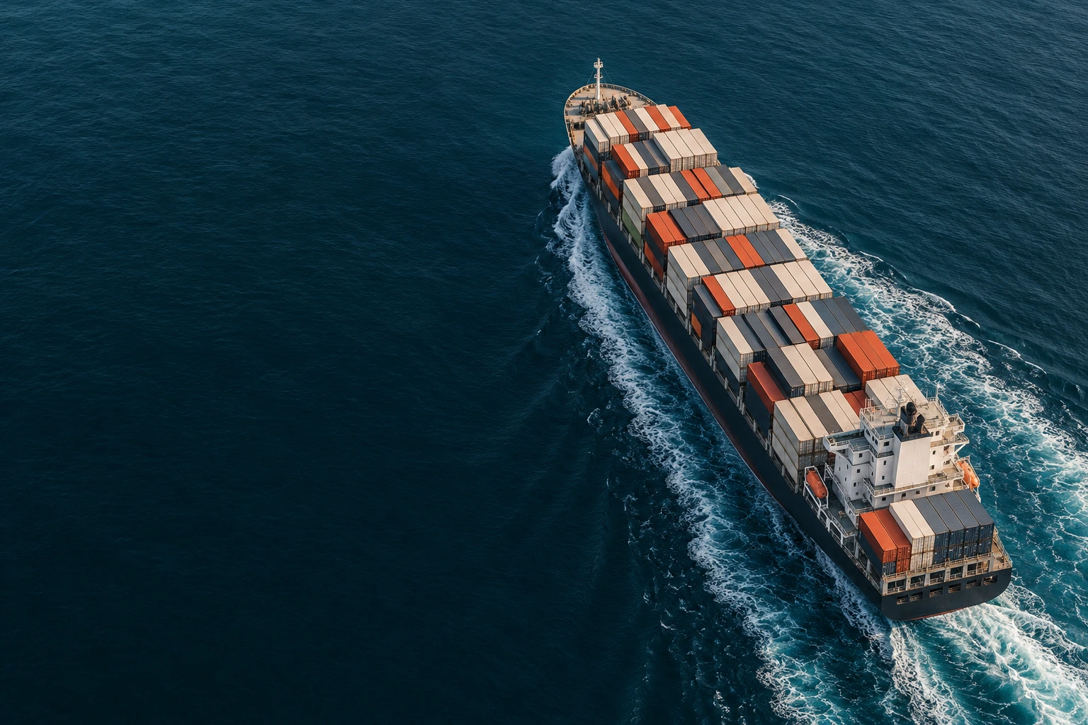 A container ship crossing a vast dark blue sea