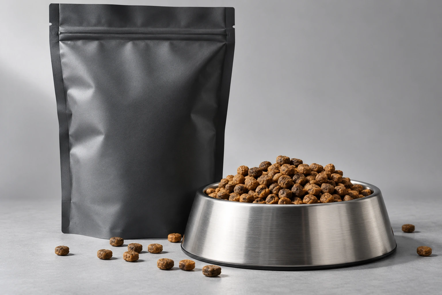 Unbranded dark pet food pouch beside a steel bowl of kibble