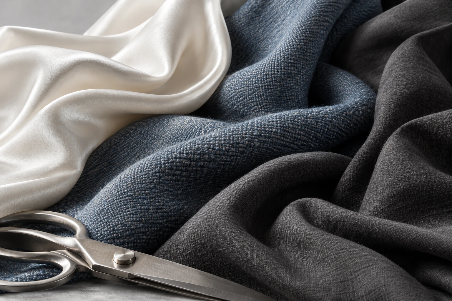 Folded white silk, blue wool and charcoal cotton with silver shears